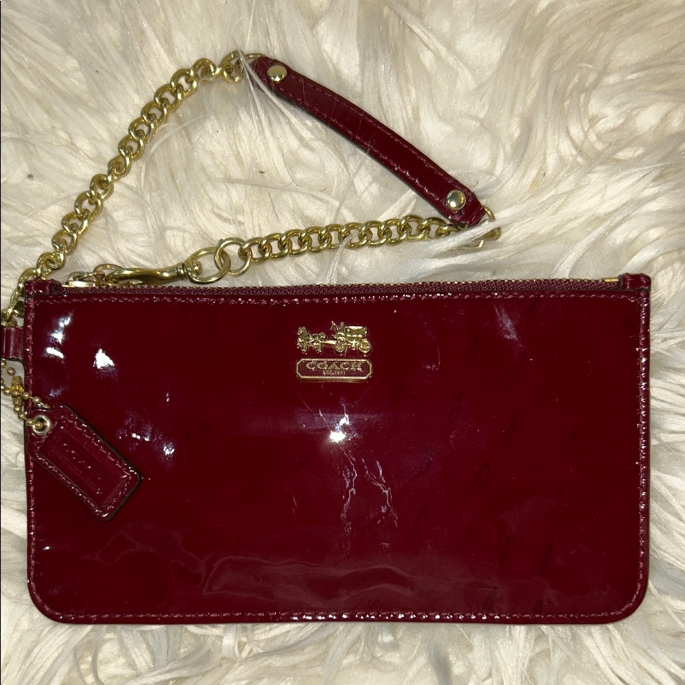Coach Burgundy Patent Leather Wristlet with Gold Chain